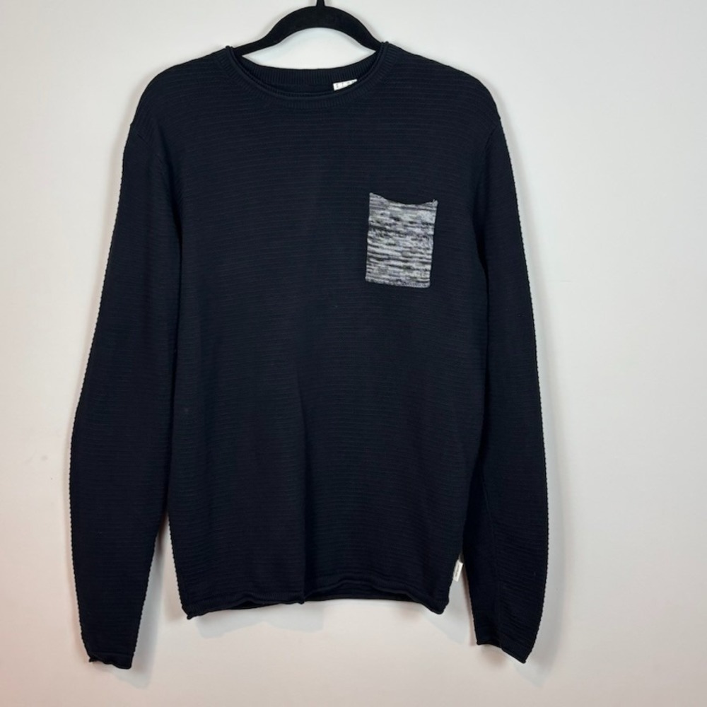 Manguun Mens Waffle‎ Knit Black Contrast pocket Long Sleeve Heavyweight Tee MED
